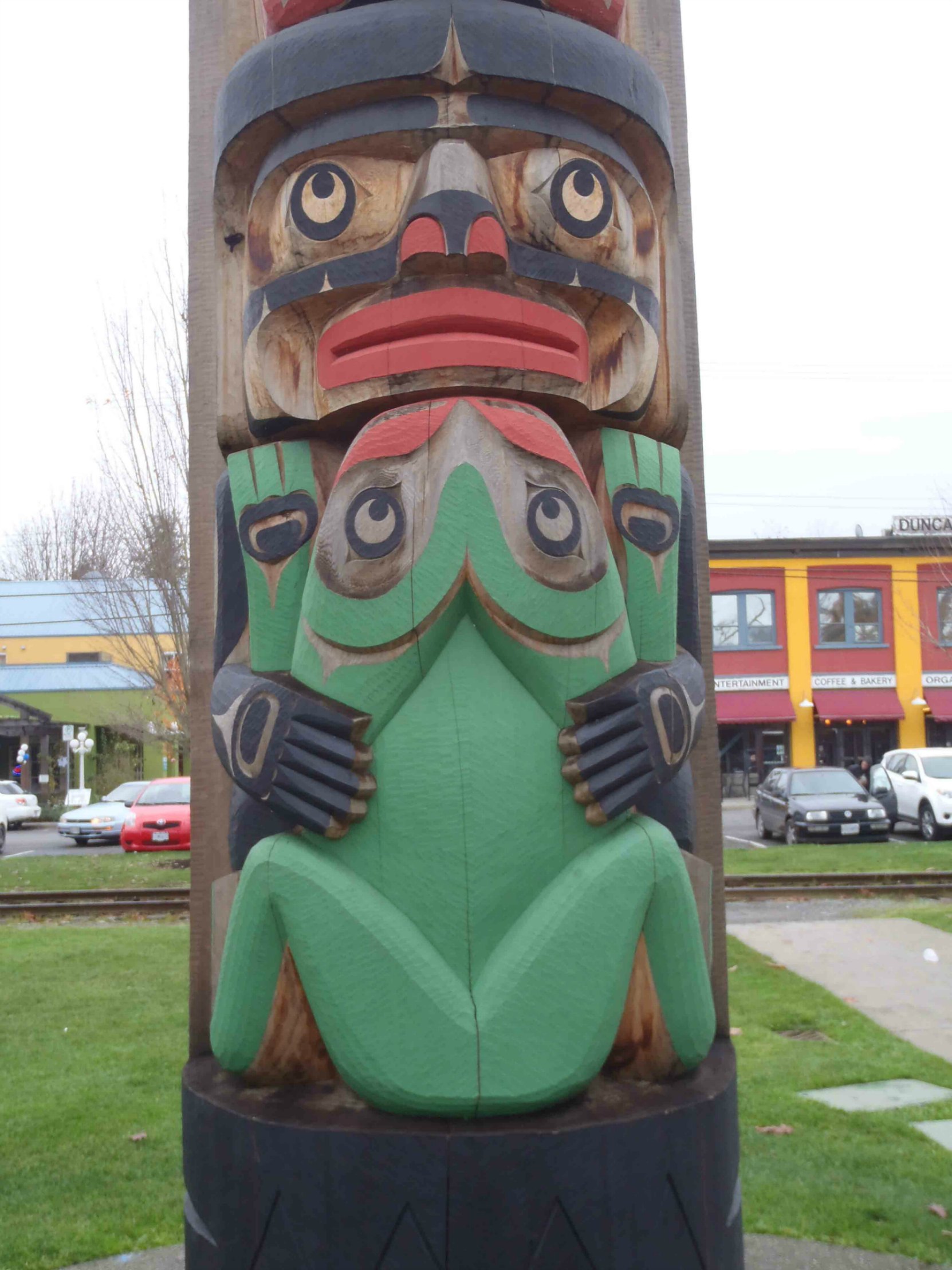 Centennial Pole, Frog Figure, Charles Hoey Park, Duncan, B.C.