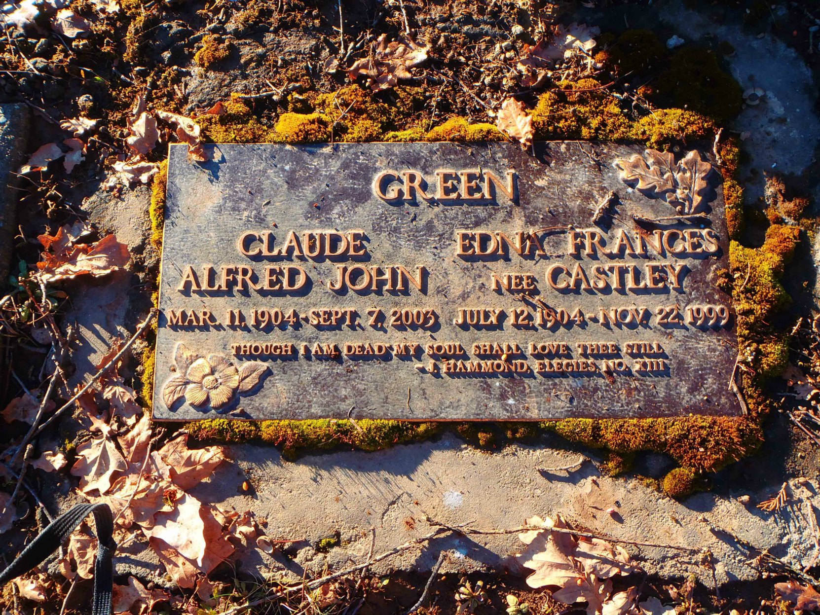Grave marker for Claude Green and Edna Green, St. Mary's Somenos cemetery, Somenos Road, North Cowichan