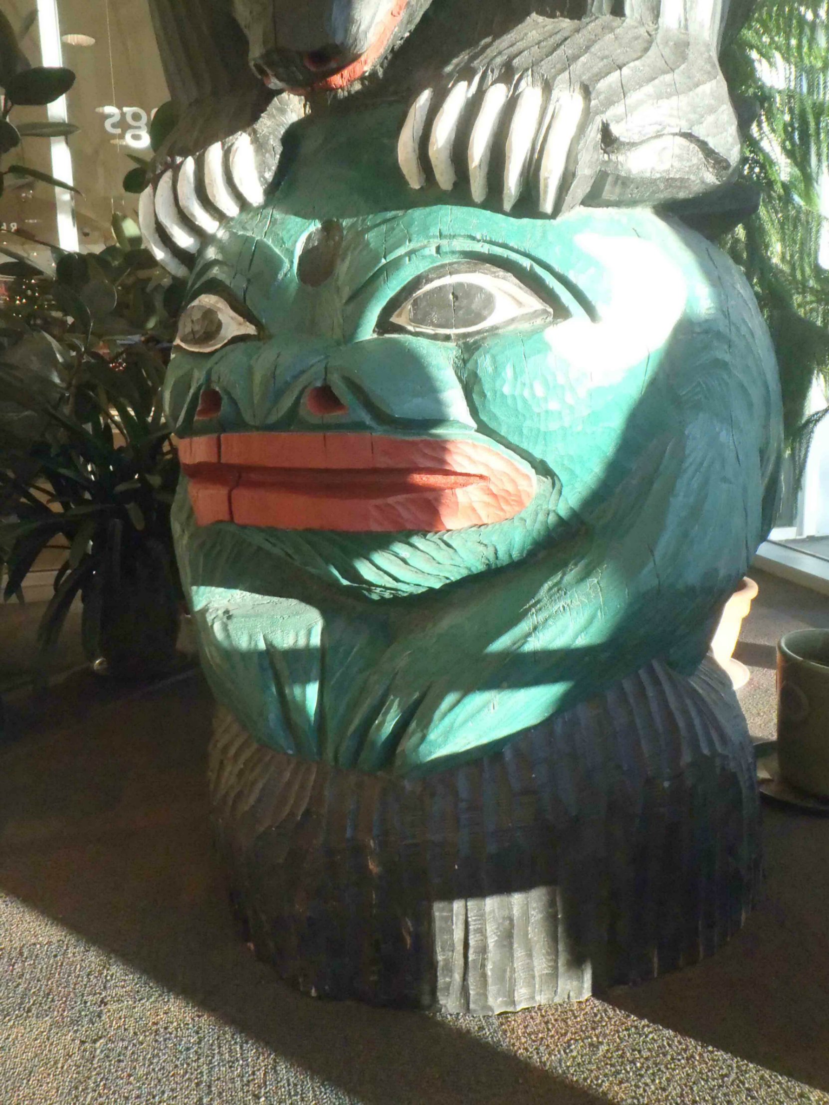 Provincial Route of the Totems Salish Bear pole, bottom figure, displayed in Vancouver Island Public Library, Cowichan Branch.