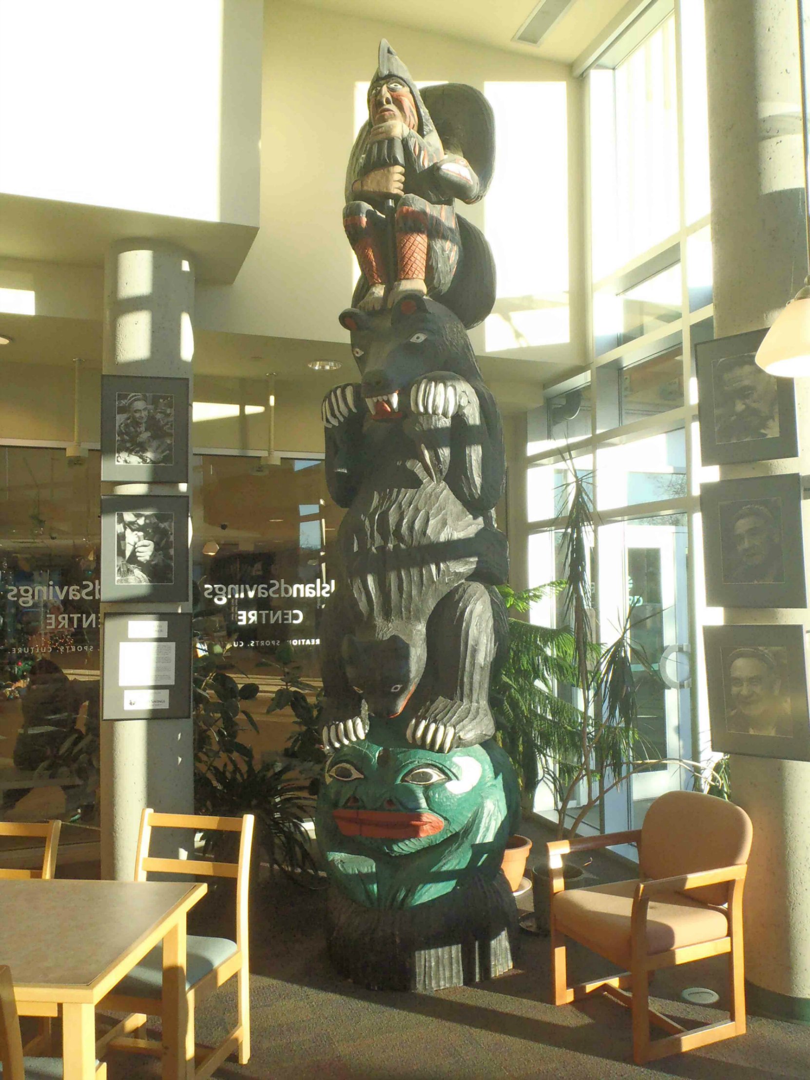 Provincial Route of the Totems Salish Bear pole, displayed in Vancouver Island Public Library, Cowichan Branch.