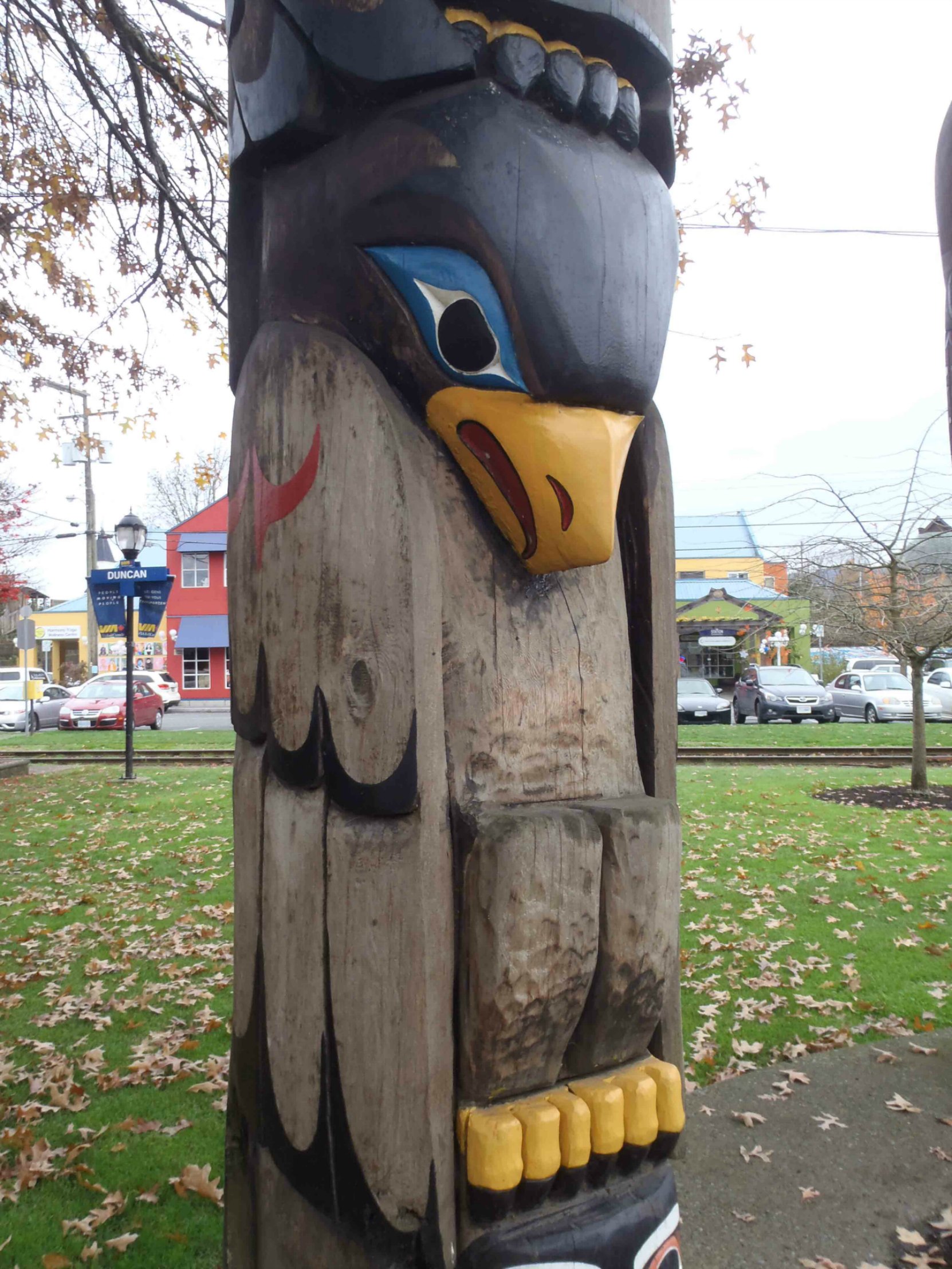 Transformation In Life totem pole, Bald Eagle figure, Canada Avenue, Duncan, B.C.