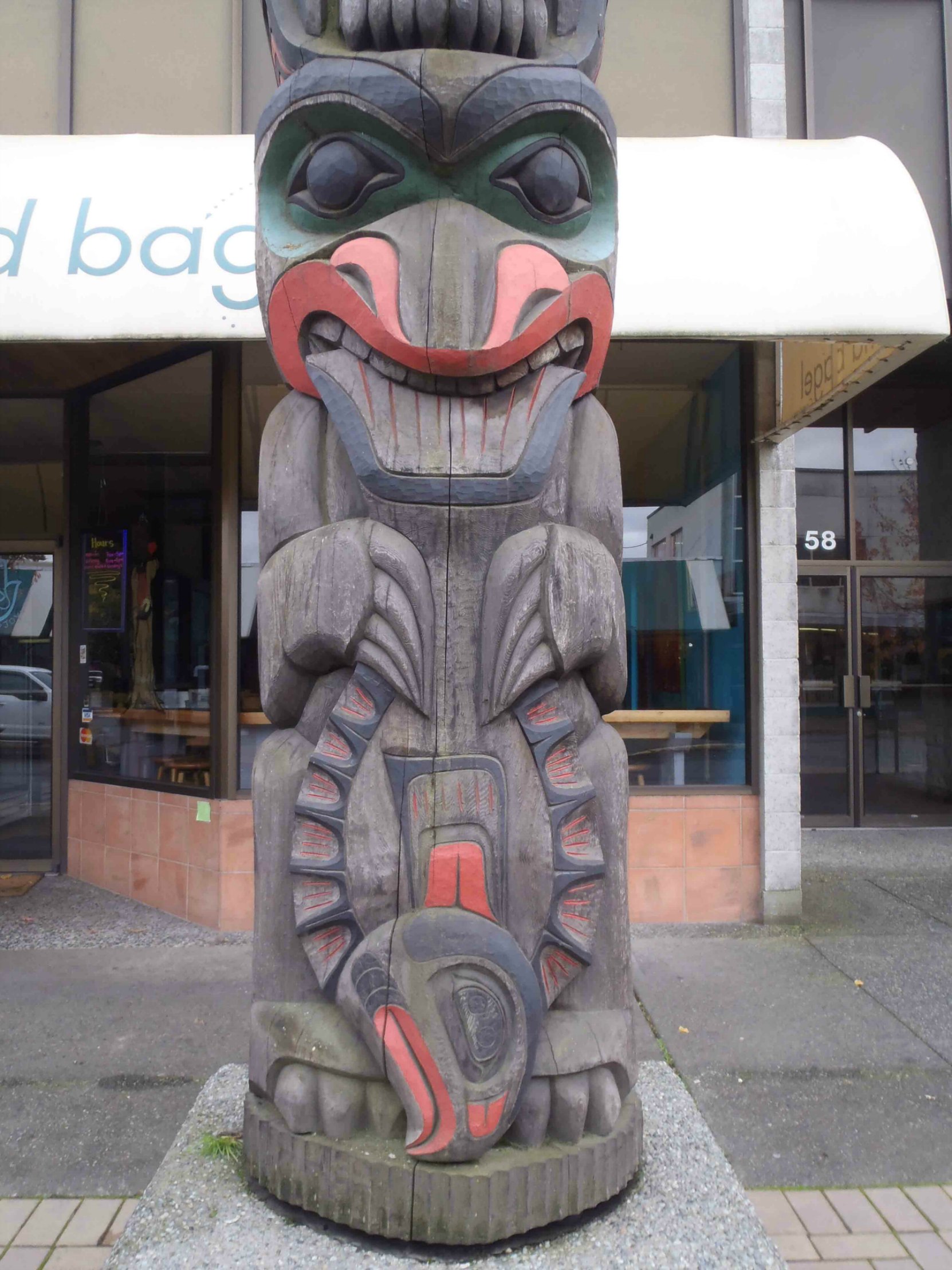 Wind Spirit totem pole, Bear and Halibut figures, Station Street, Duncan, B.C.