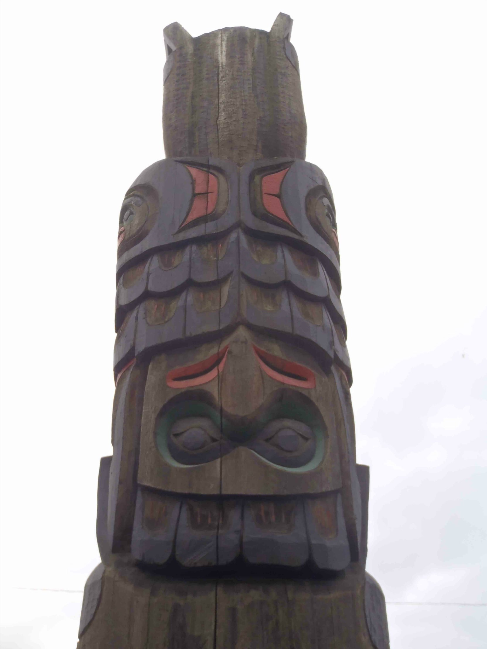 Wind Spirit totem pole, rear detail of Thunderbird figure, Station Street, Duncan, B.C.