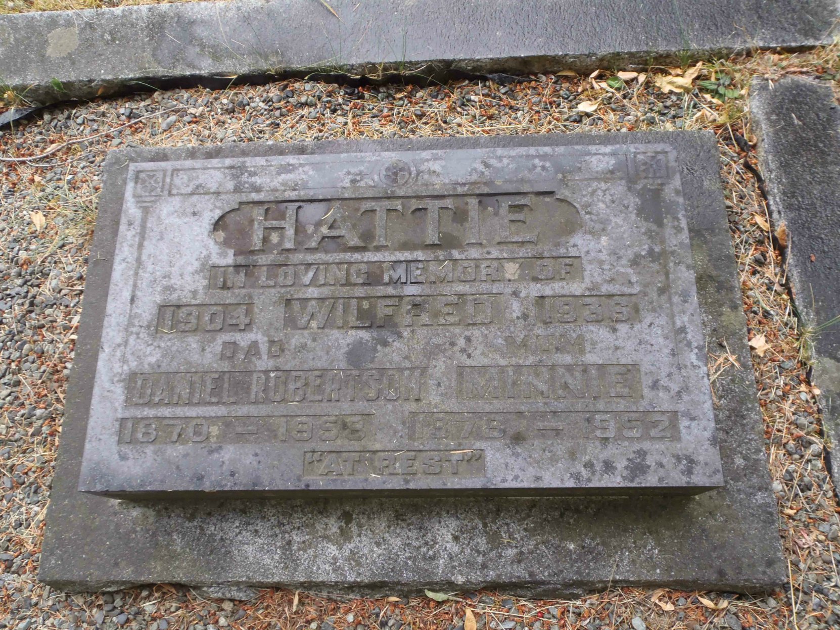 Daniel Robertson & Minnie Hattie grave marker, Mountain View Cemetery, Somenos Road, North Cowichan.