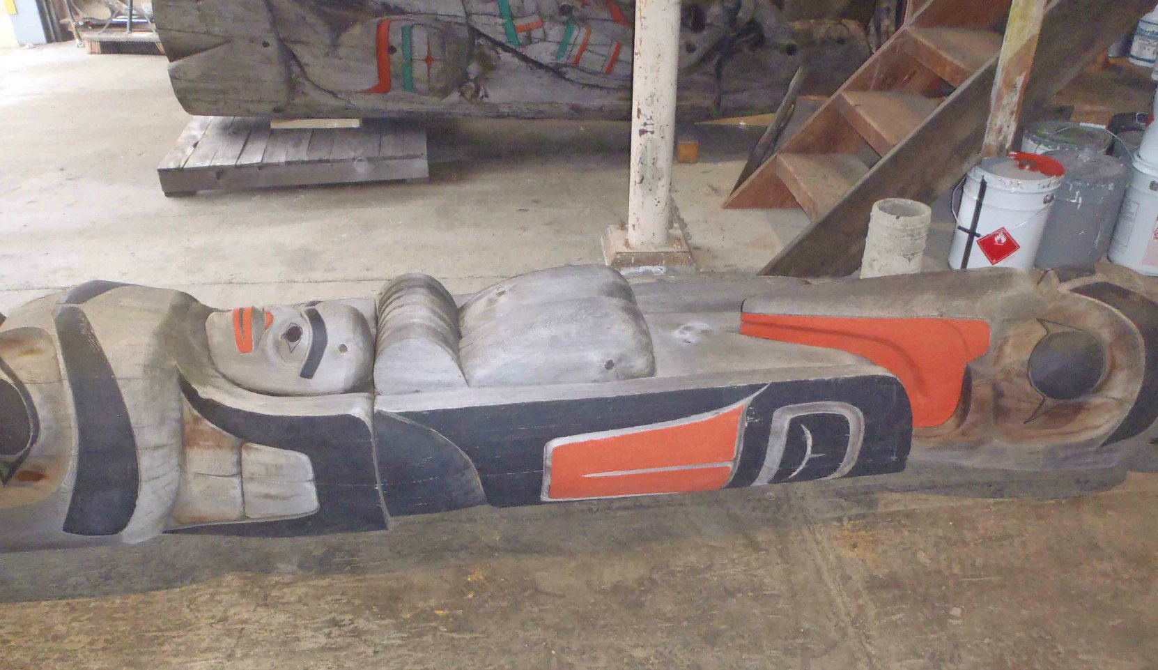 Eagle Raven Bear totem pole during maintenance, 2016.