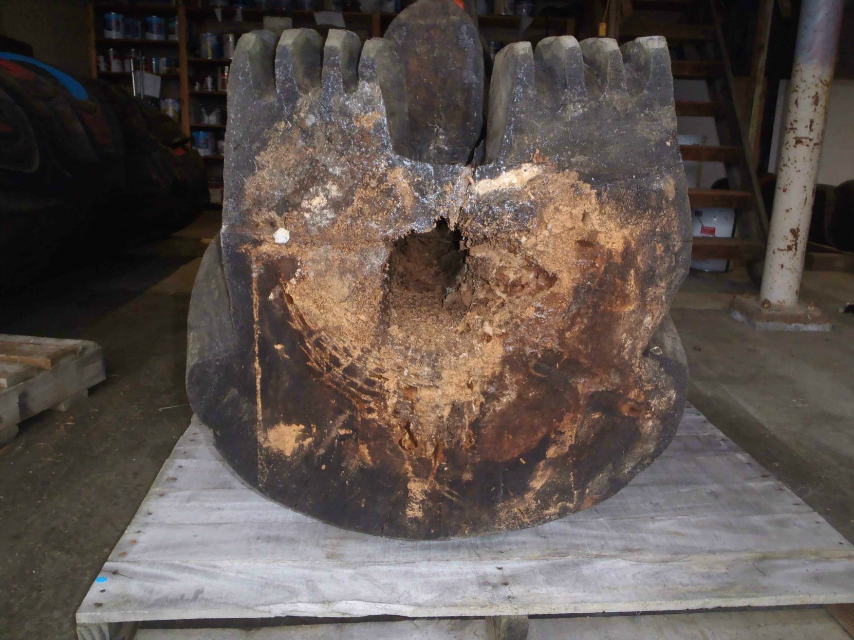 Pole of Wealth, base of totem pole during restoration, 2016