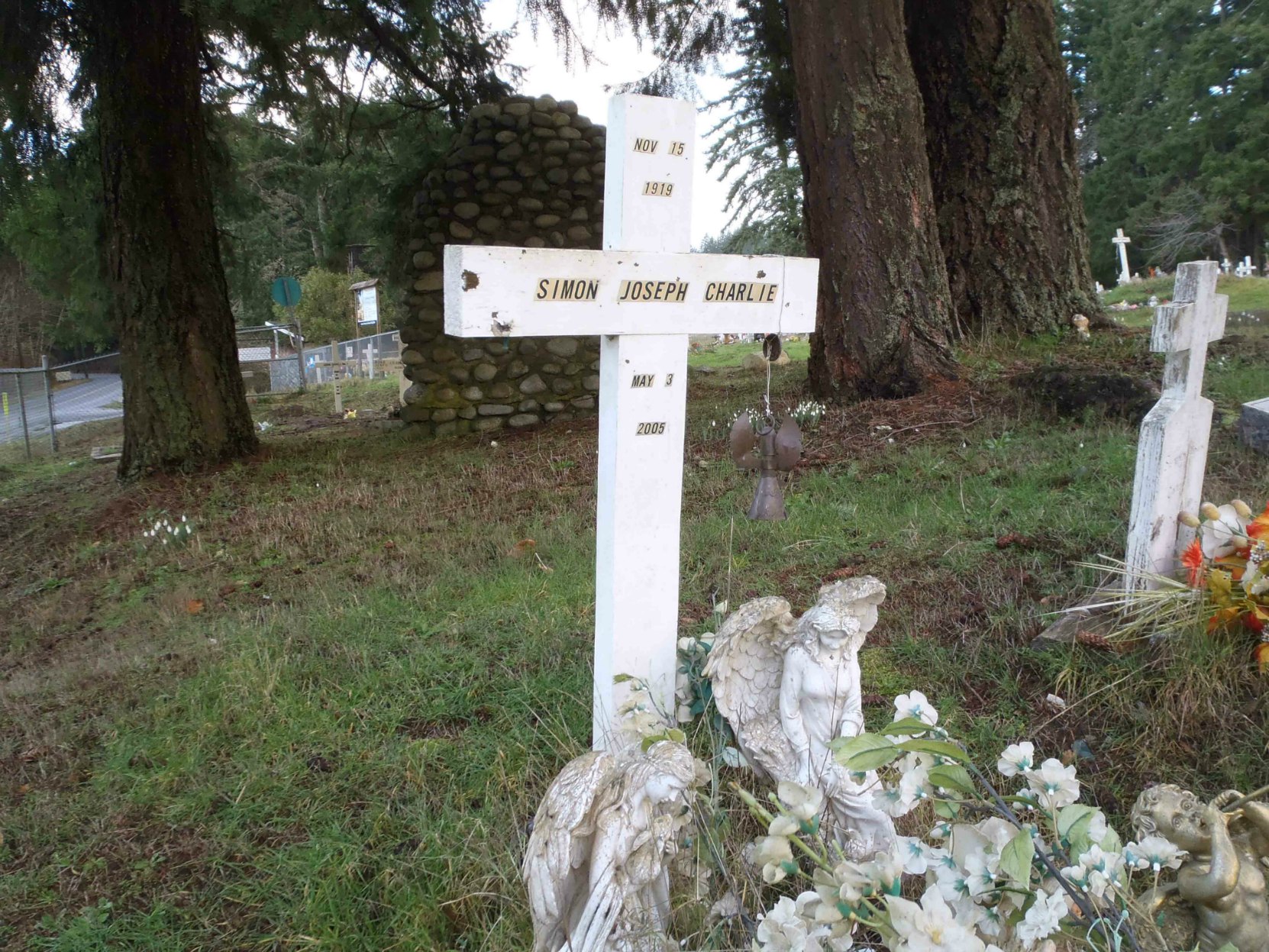 Simon Charlie's grave in the cemetery of St. Ann's Catholic Church, on Tzouhalem Road, east of Duncan.