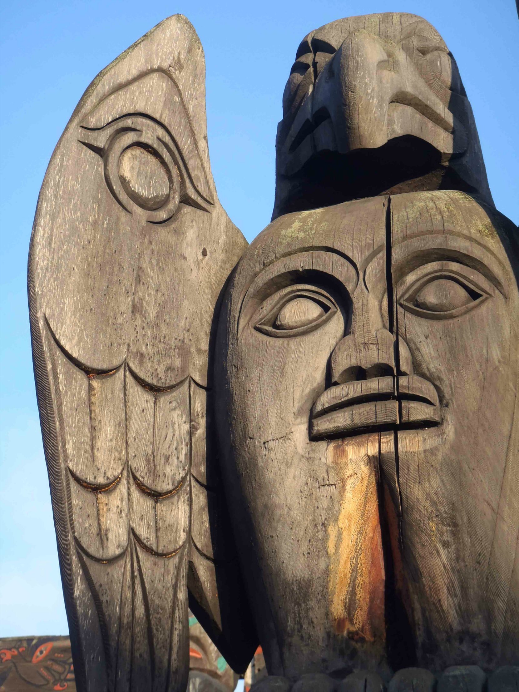 Transformation pole, Eagle and Spirit figures, wing detail, Canada Avenue between Station Street and Kenneth Street