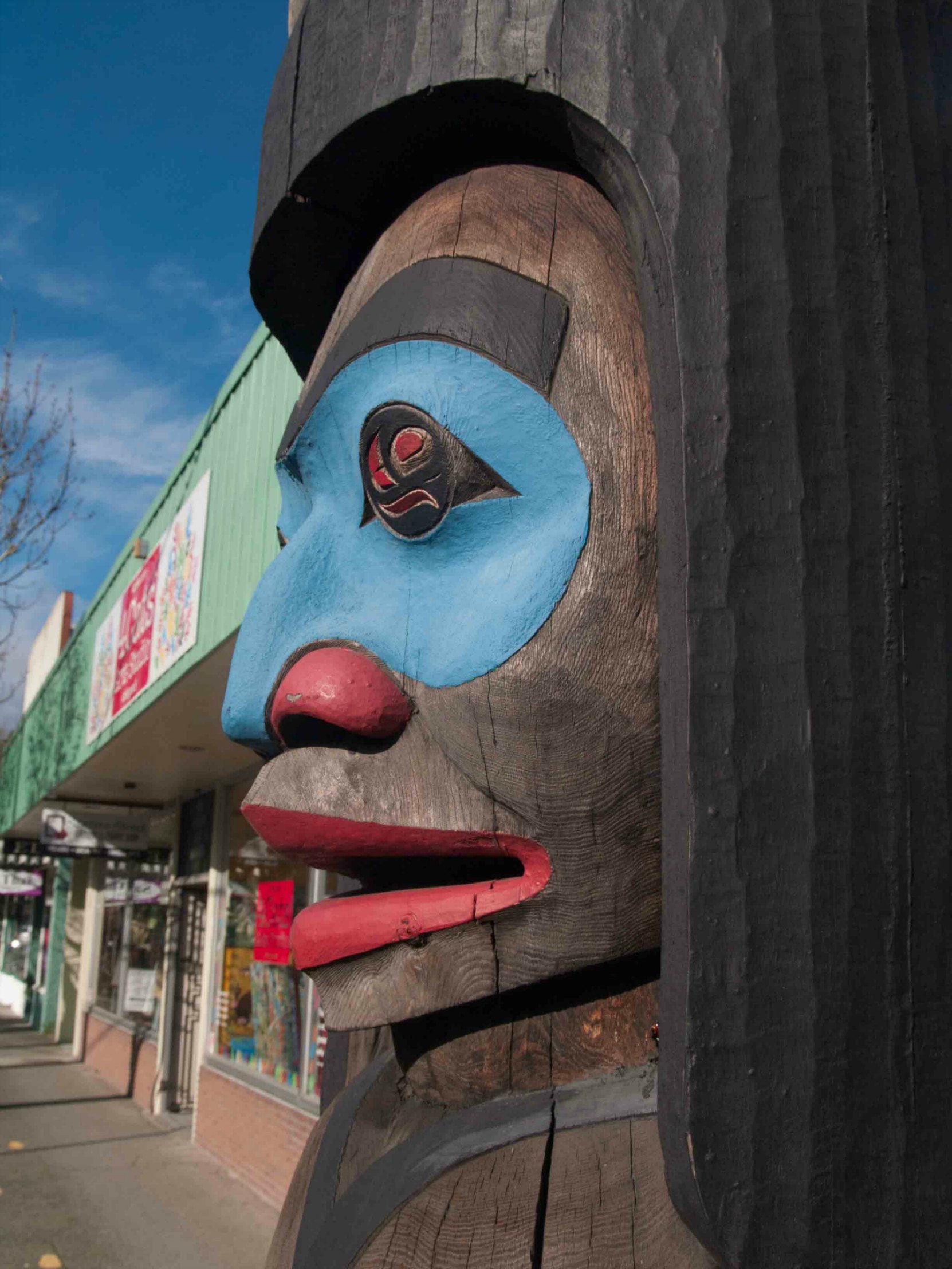 Owl Spirit totem pole, Chief figure, face detail. Station Street, Duncan, B.C.