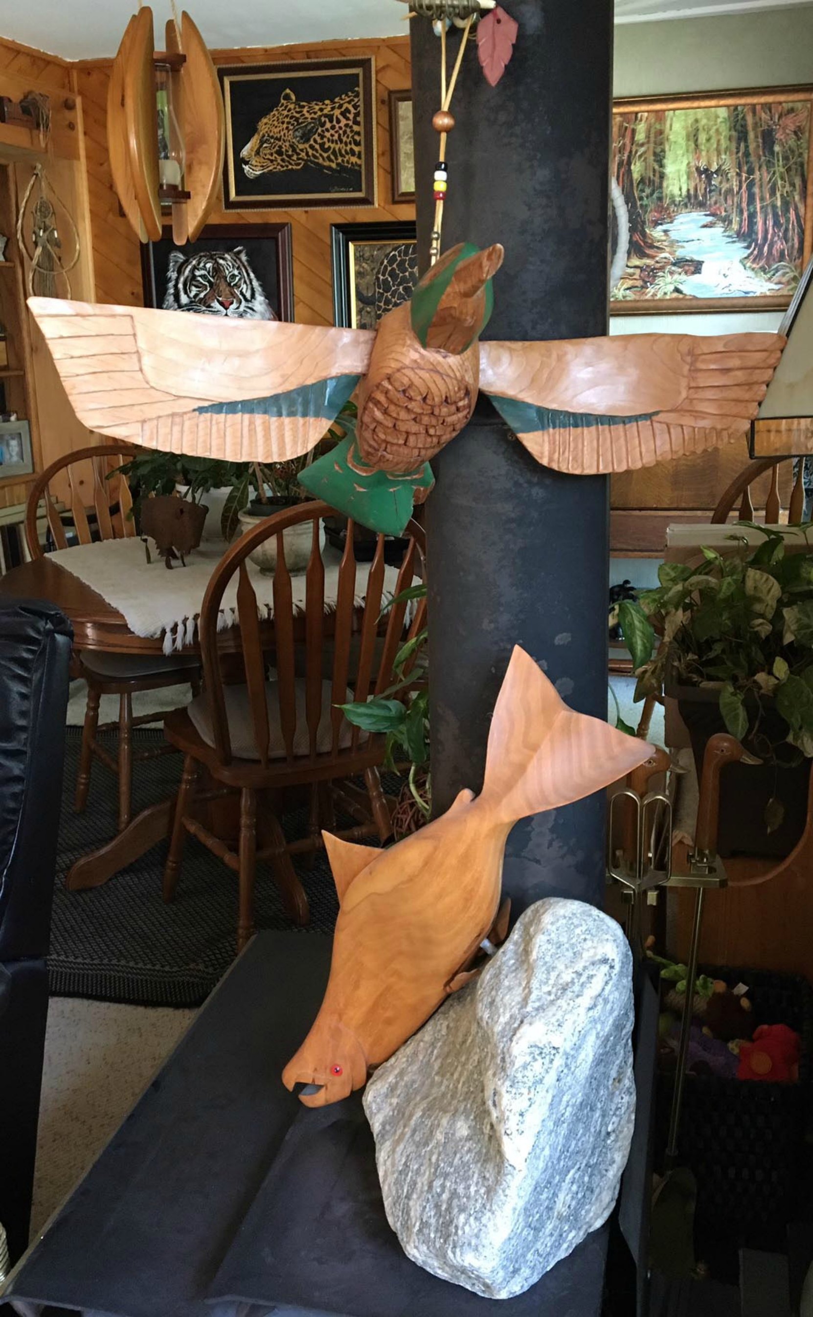 Carol Sanders provided us with this photo of a Simon Charlie Hummingbird carving she purchased from Simon Charlie in the 1990's. The Salmon carving is by John Sanders. (photo: Carol Sanders, Blue Eagle Gallery, used with permission)