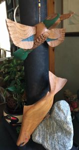 Carol Sanders provided us with this photo of a Simon Charlie Hummingbird carving she purchased from Simon Charlie in the 1990's. The Salmon carving is by John Sanders. (photo: Carol Sanders, Blue Eagle Gallery, used with permission)