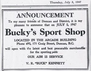 1947 advertisement in the Cowichan Leader the opening of Bucky's Sport Shop. (Duncan Sightseeing collection)