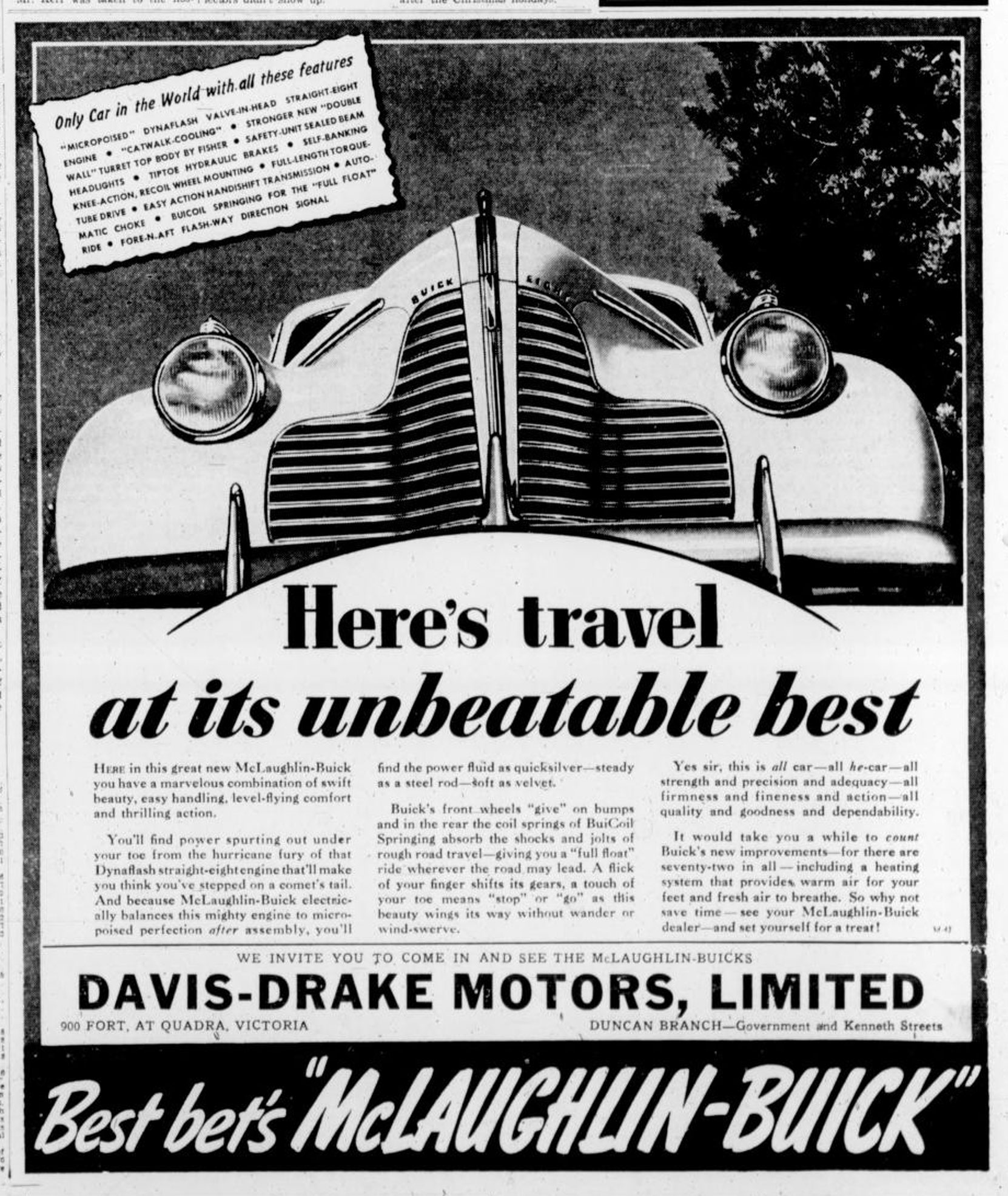1939 advertisement for McLaughlin-Buick and Davis-Drake Motors, which was located at the corner of Kenneth Street and Government Street. (Duncan Sightseeing collection)
