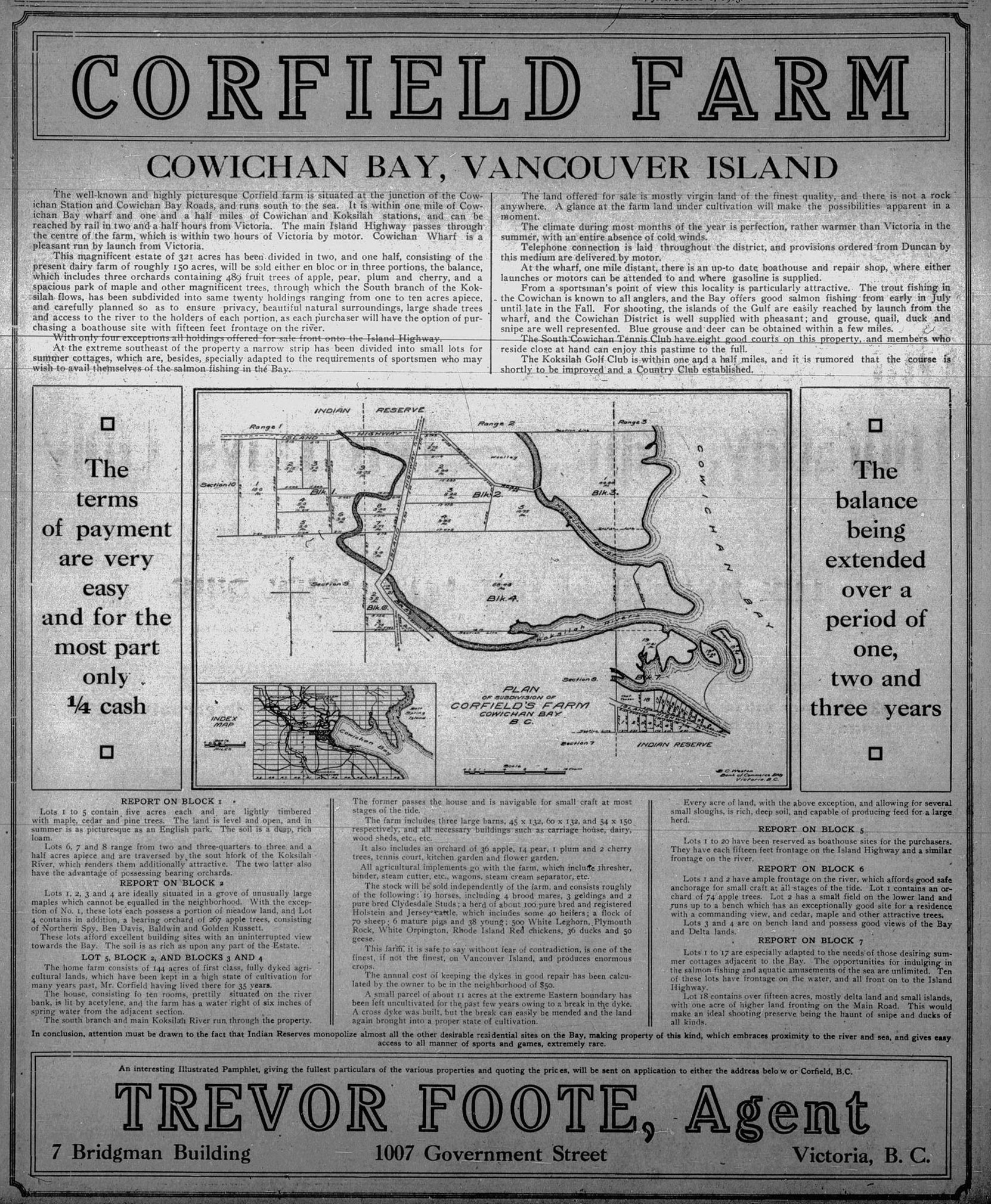 1913 advertisement for the subdivision of Corfirld Farm, along what is now Cowichan Bay Road and Bench Road (Duncan Sightseeing collection),
