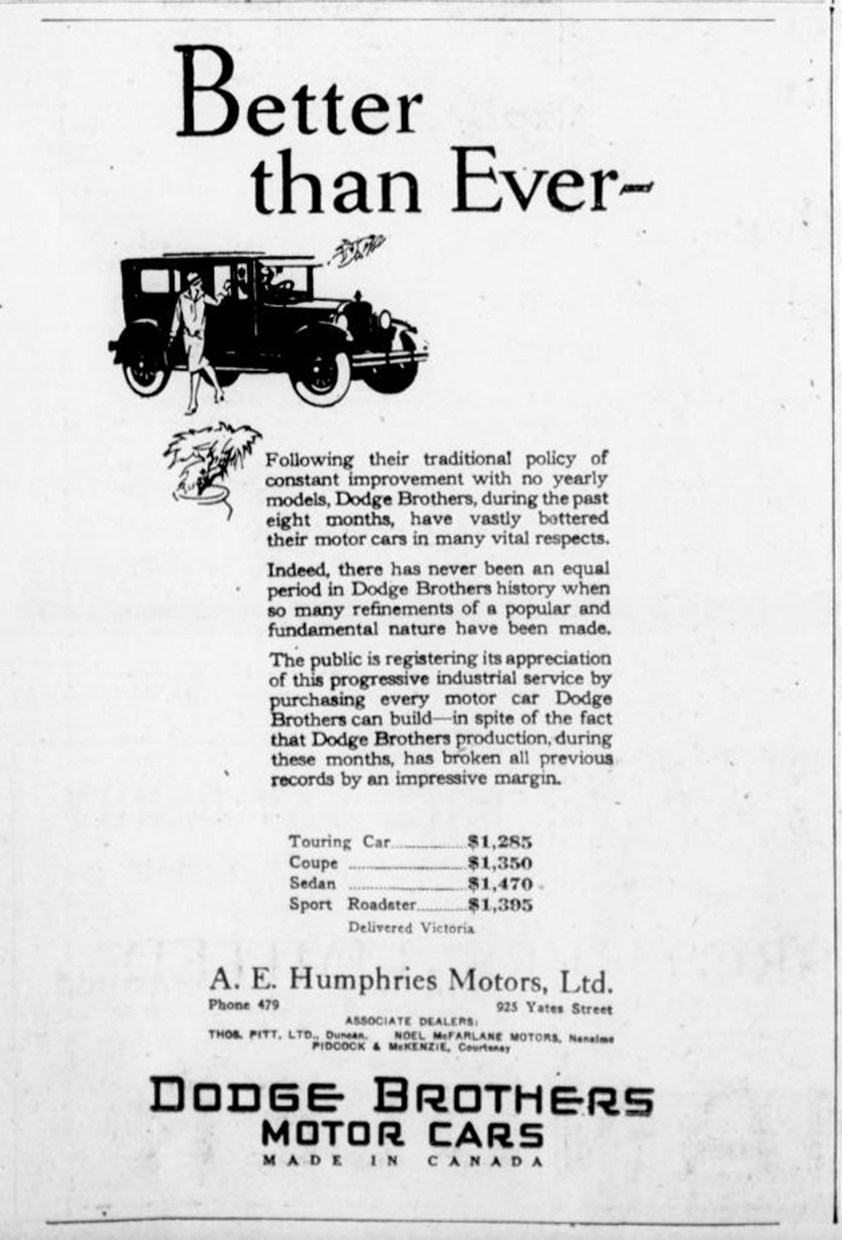 1926 advertisement for Dodge Brother Motor Cars and the Dodge dealer in Duncan, Thomas Pitt (Duncan Sightseeing collection),