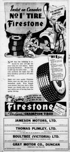 1946 advertisement for Firestone Tires and Gray Motor Company, which was located at the corner of Kenneth Street and Government Street (Duncan Sightseeing collection)