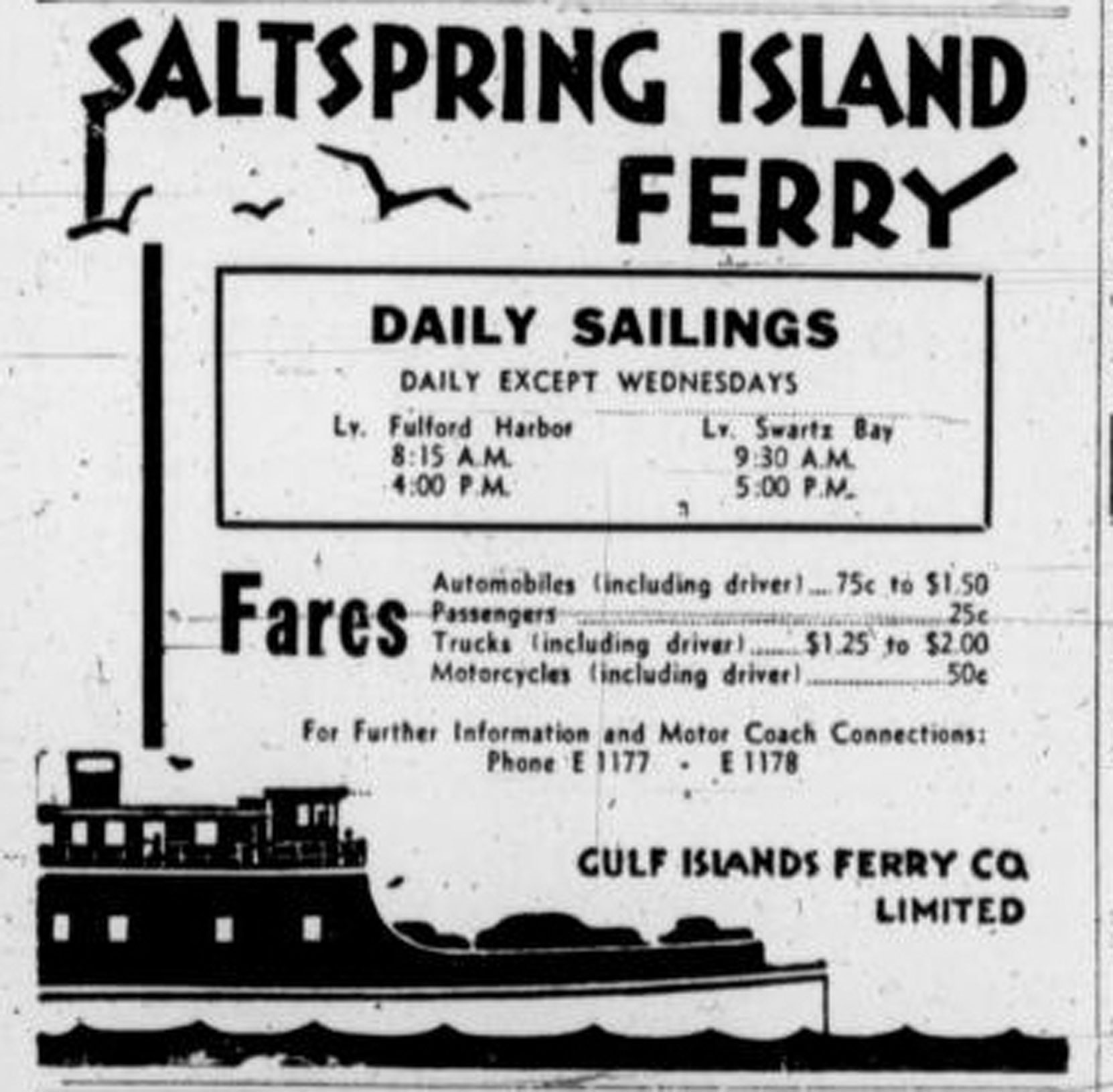1940 advertisement for the Salt Spring Island Ferry. In the days before BC Ferries, it was operated by the Gulf Islands Ferry Company Ltd. (Duncan Sightseeing collection)