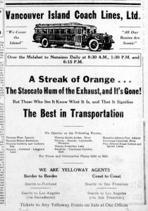 1930 advertisement for Vancouver Island Coach Lines showing the Duncan bus schedules. (Duncan Sightseeing collection)