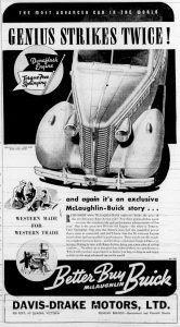 1938 advertisement for McLaughlin-Buick, from Davis-Drake Motors Ltd., Government Street at Kenneth Street in downtown Duncan.