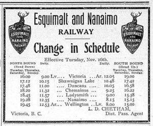 1909 schedule for passenger service on the the Esquimalt & Nanaimo Railway.