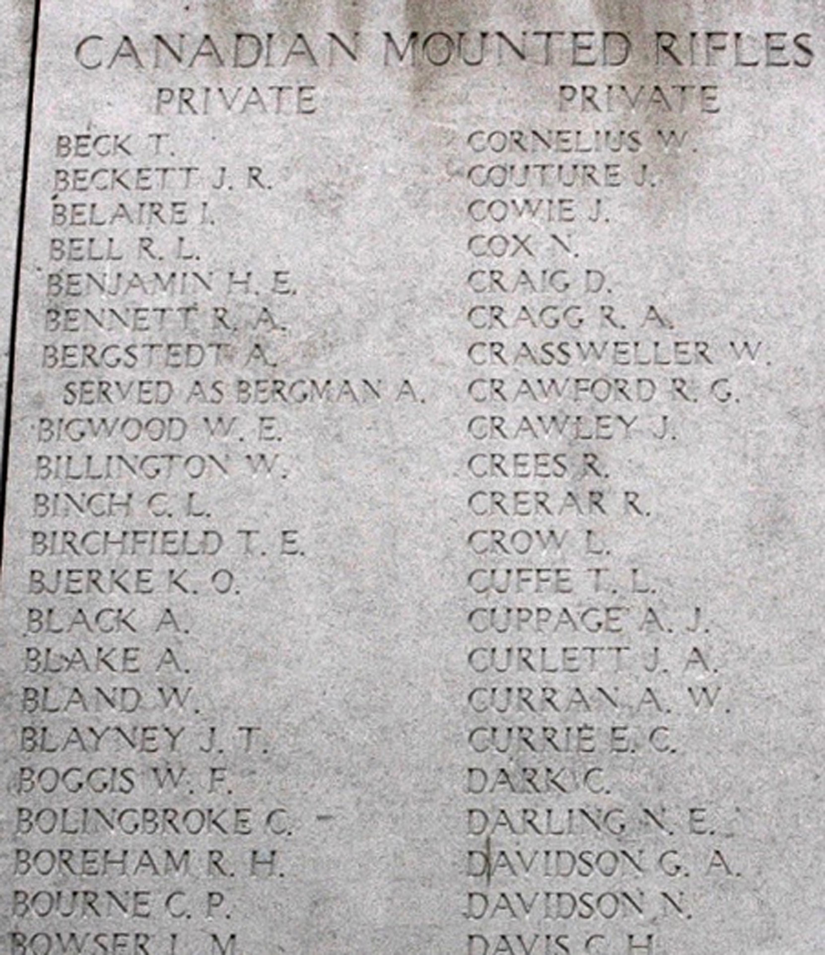Detail from the Menin Gate, Ypres, Belgium, showing Cowie, J. (photo courtesy of John Cowie)
